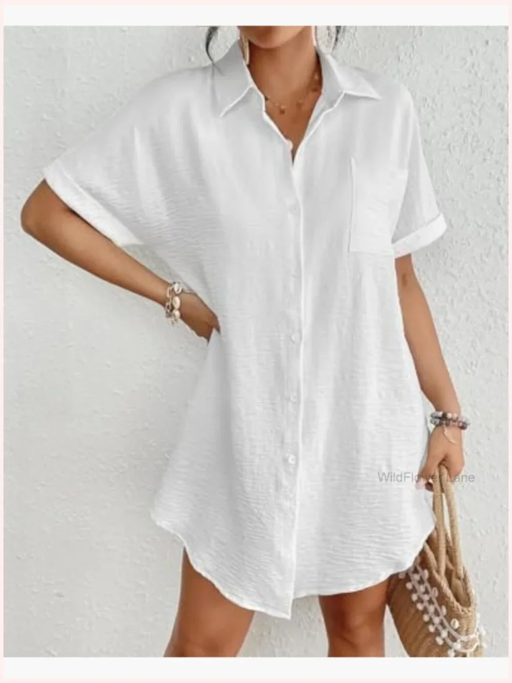 Short Sleeve Button Down Shirt Dress Cover Up Beach Vacation Outfit
